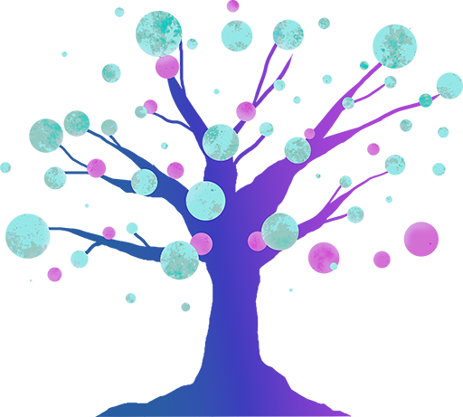 Indieversal Translator logo. A blue and purple tree with pink and cyan planets for leaves.